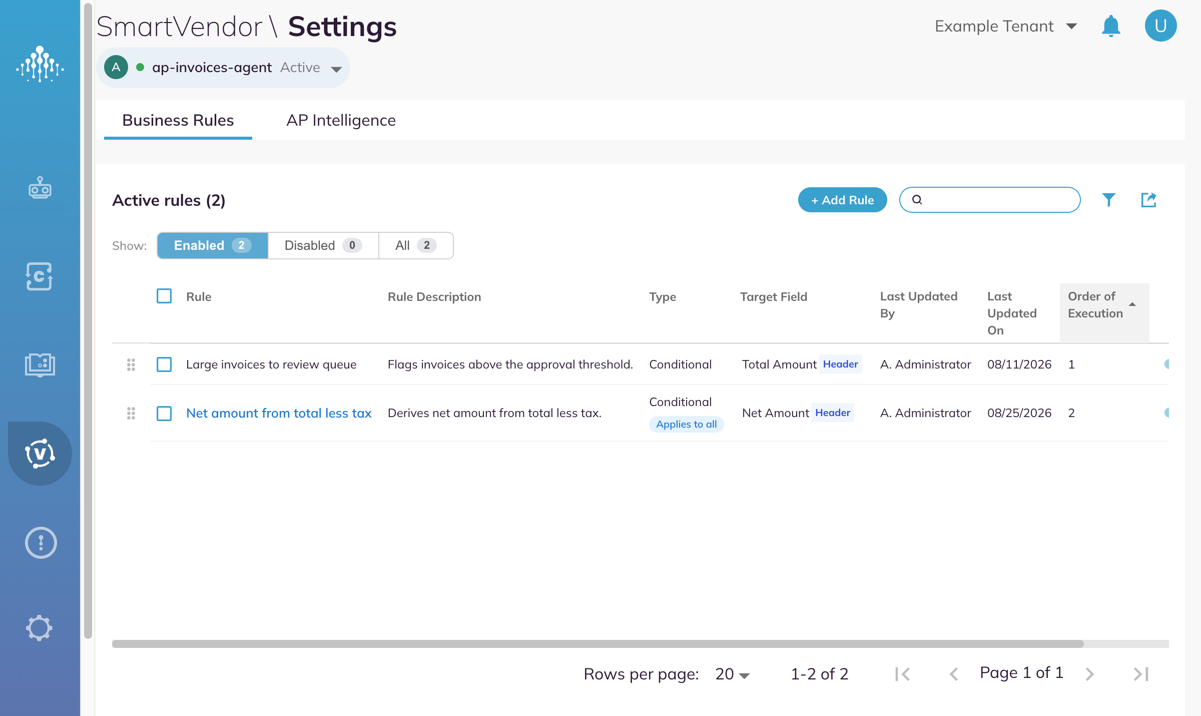 The Business Rules list, showing the Show filter, the rule columns, and the row controls.