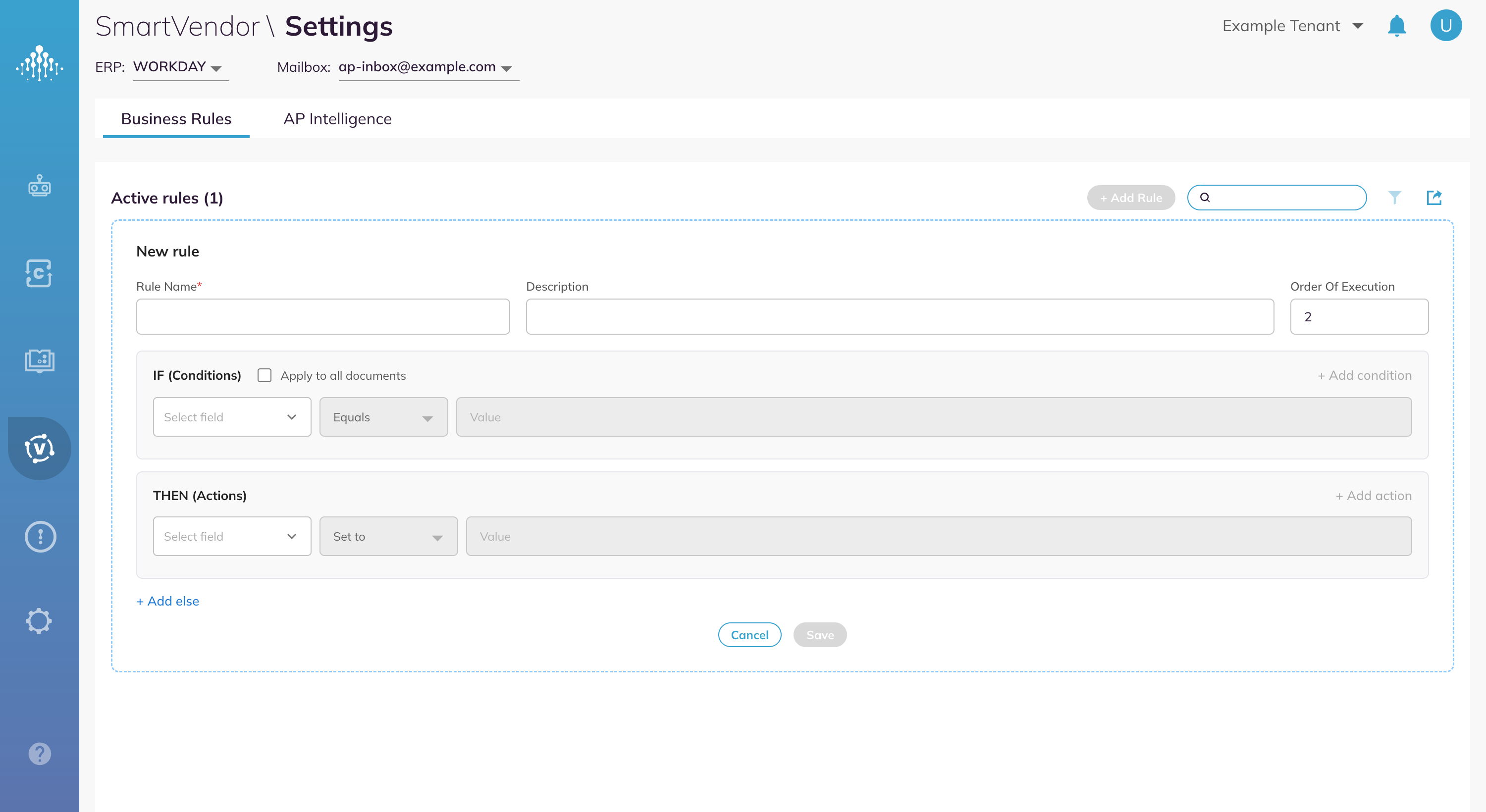 The New rule panel, with the IF (Conditions) and THEN (Actions) sections.