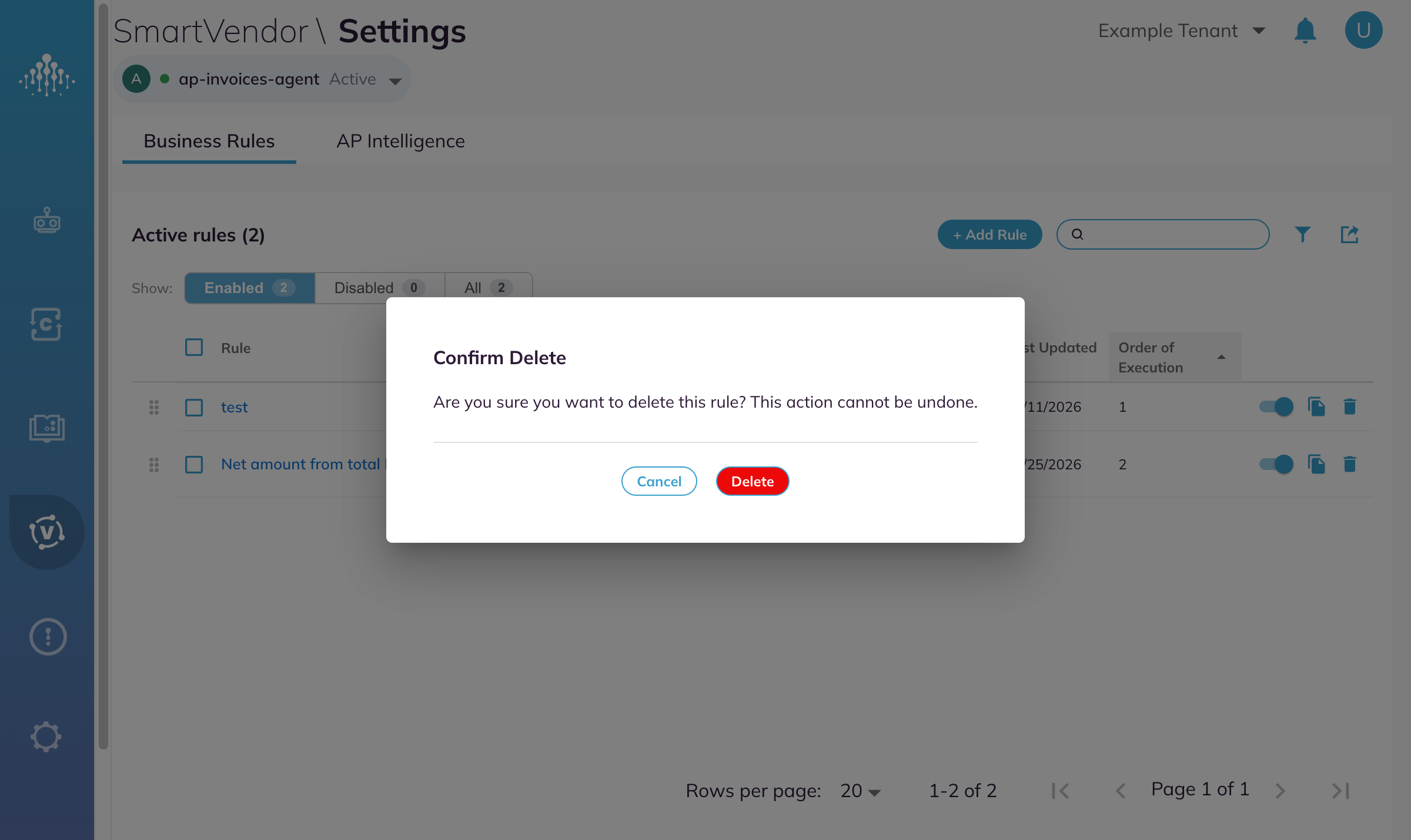 The Confirm Delete dialog, asking whether to delete the rule, with Cancel and Delete buttons.
