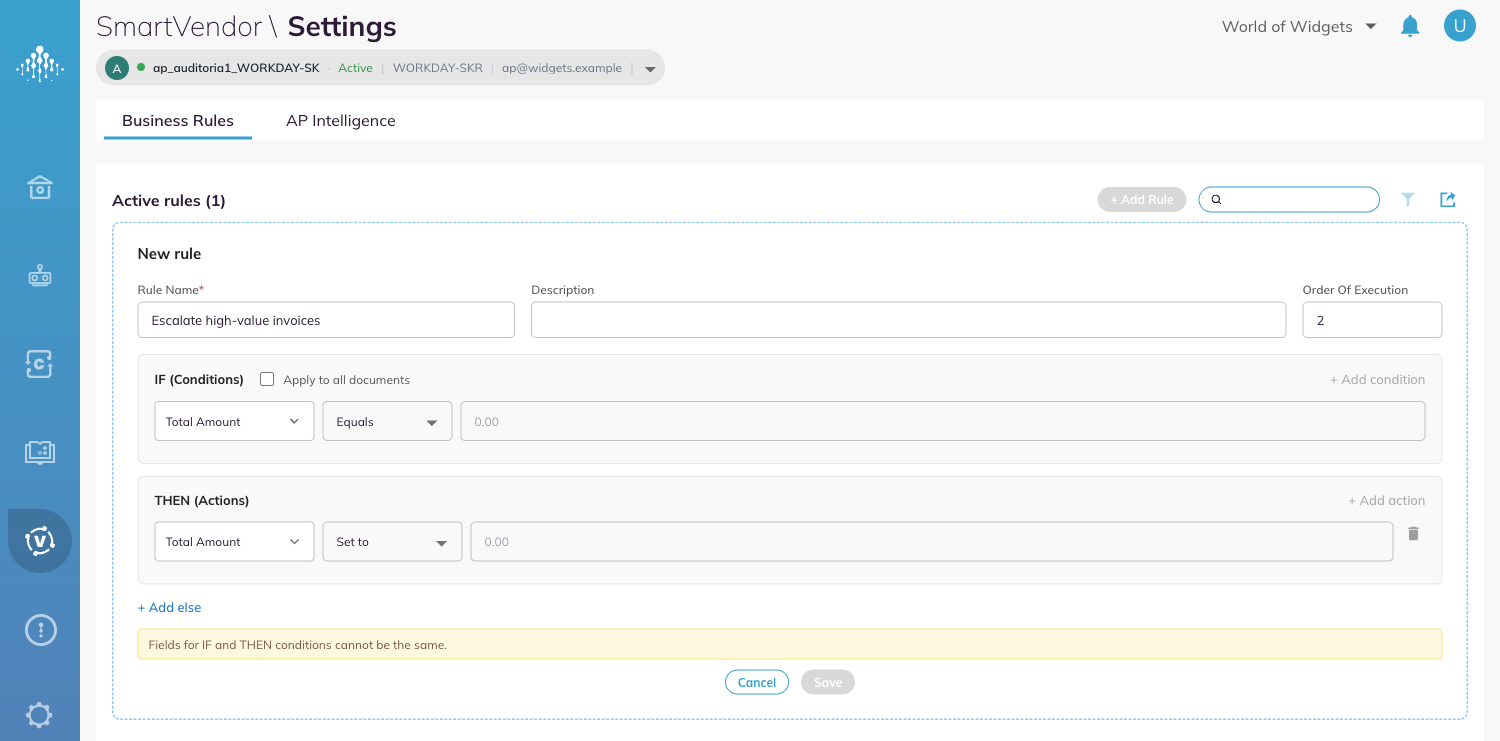 A rule with the same field in the IF and THEN clauses, showing the warning banner and a disabled Save button.