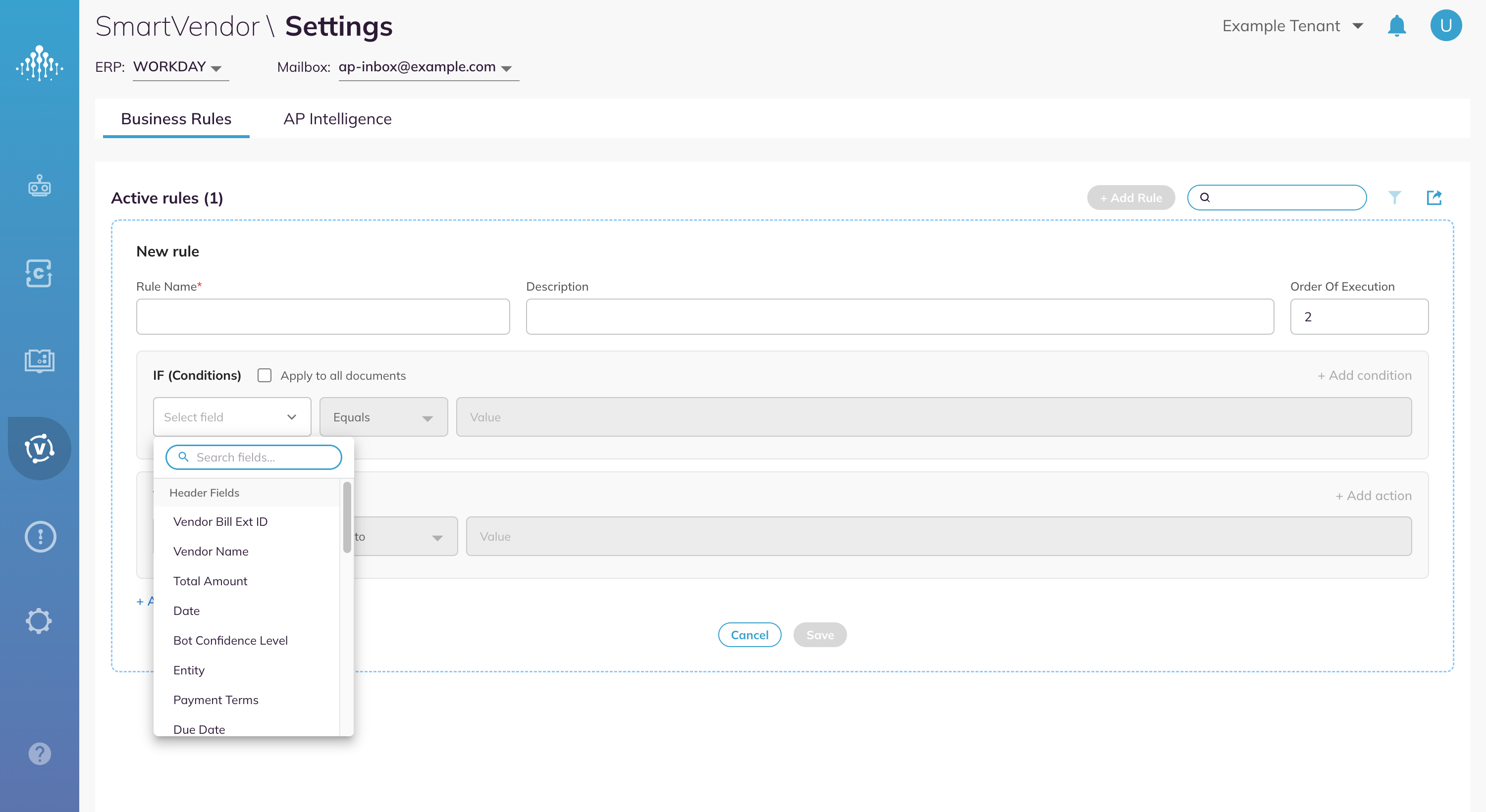 The field picker, with fields grouped under Header Fields and Line Fields.