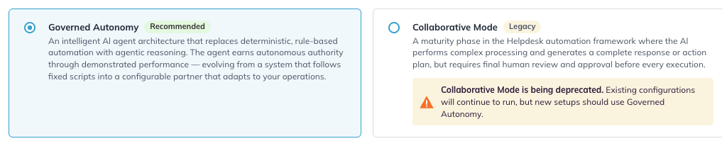 The autonomy level choice, showing Governed Autonomy recommended and Collaborative Mode marked legacy.
