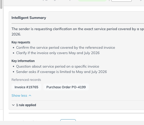 The Intelligent Summary block expanded, showing the summary sentence, key requests, key information and referenced records.