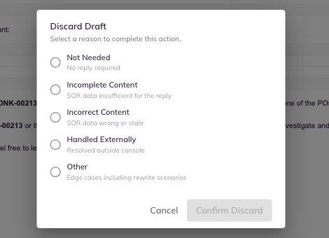 The Discard Draft dialog listing five reasons with Cancel and a grayed out Confirm Discard button.