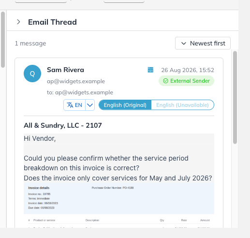 The Email Thread panel, listing the messages on the task.