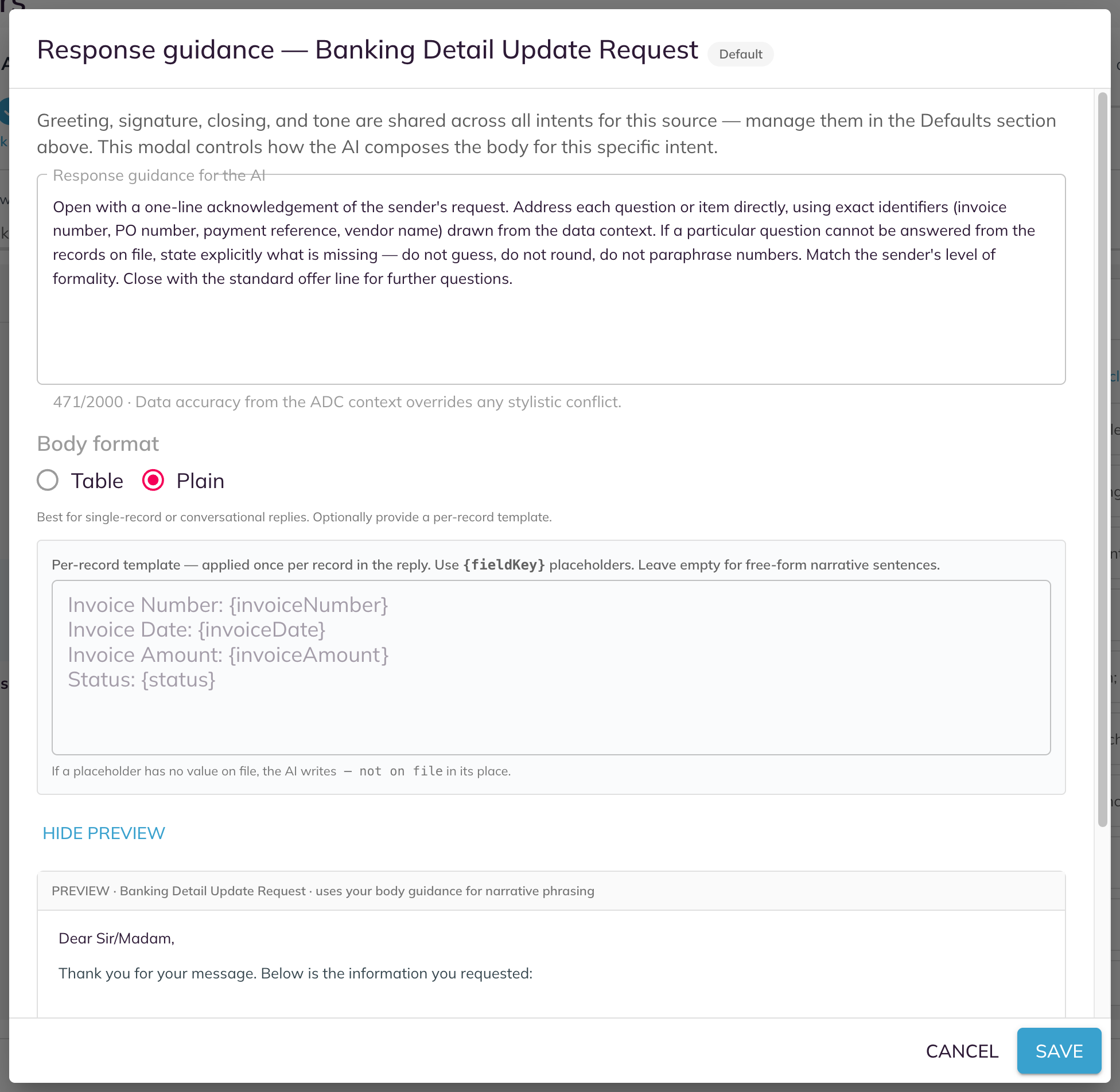 The Response guidance panel with the preview expanded and the control reading Hide preview