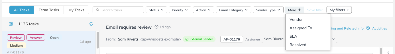 The filter bar on All Tasks with the More menu open