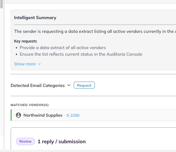 The Detected Email Categories and Matched Vendor(s) blocks in the task detail pane.