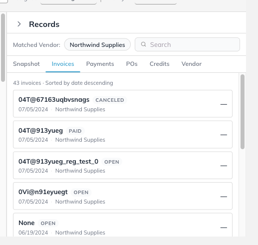 The Records panel on the Invoices tab, showing paginated invoice rows.