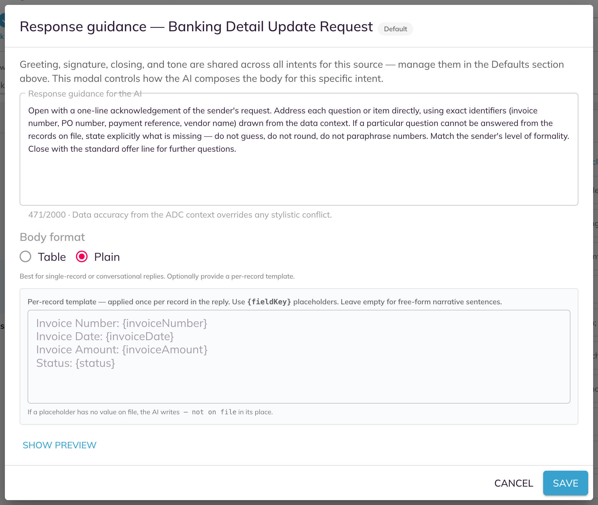 The Response guidance panel with Body format set to Plain and a per-record template