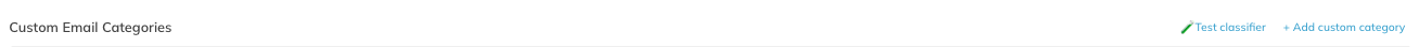 The Custom Email Categories header, with Test classifier and Add custom category on the right