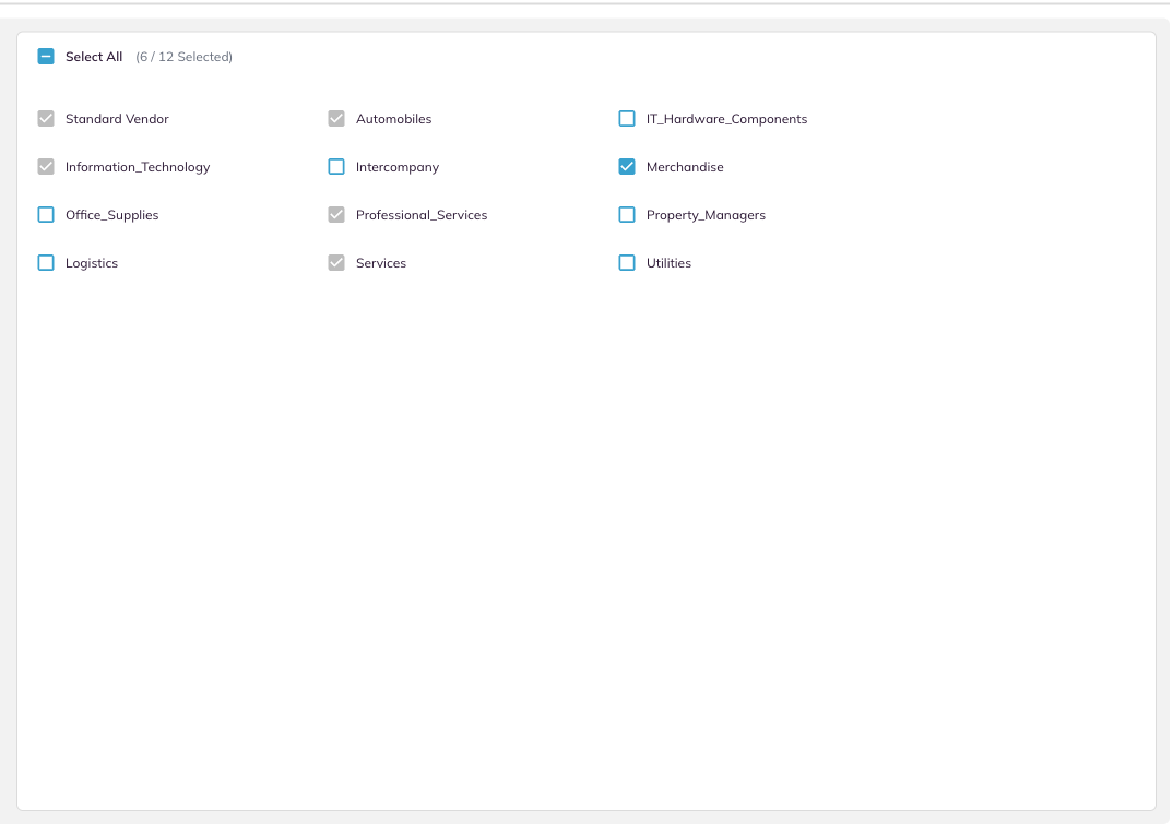 The Vendor Categories capability group showing the selectable list with a Select All control.