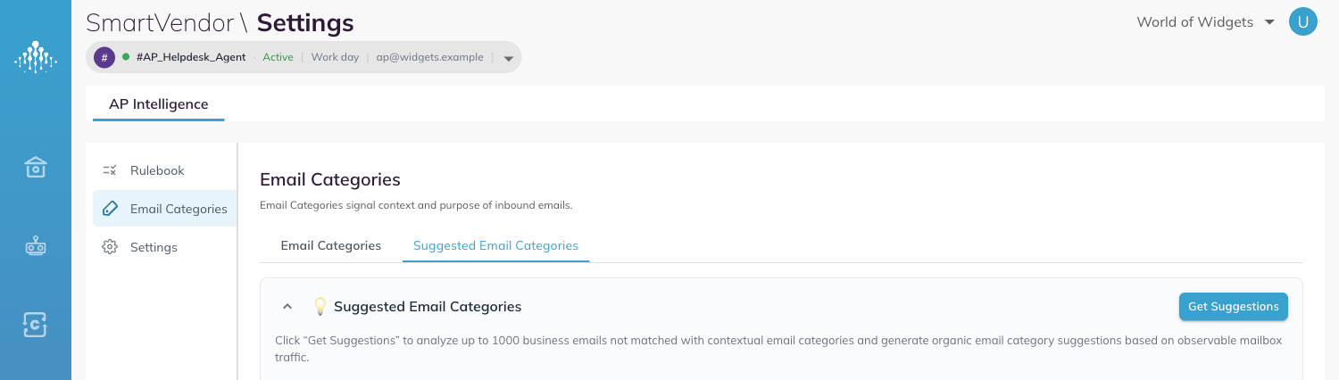 The Email Categories capability group showing the Suggested and Standard lists.