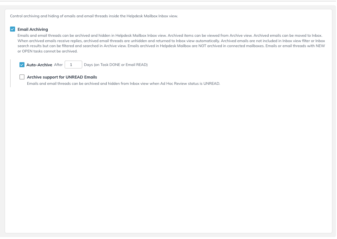 The Email Archiving capability group showing the archiving behavior text and the Auto-Archive setting.