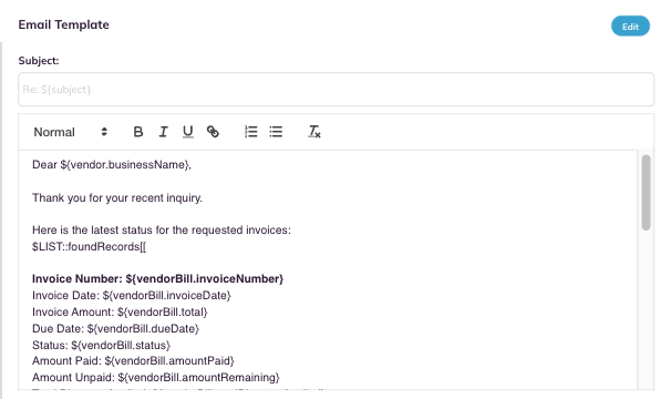 The Email Template editor for the selected intent.