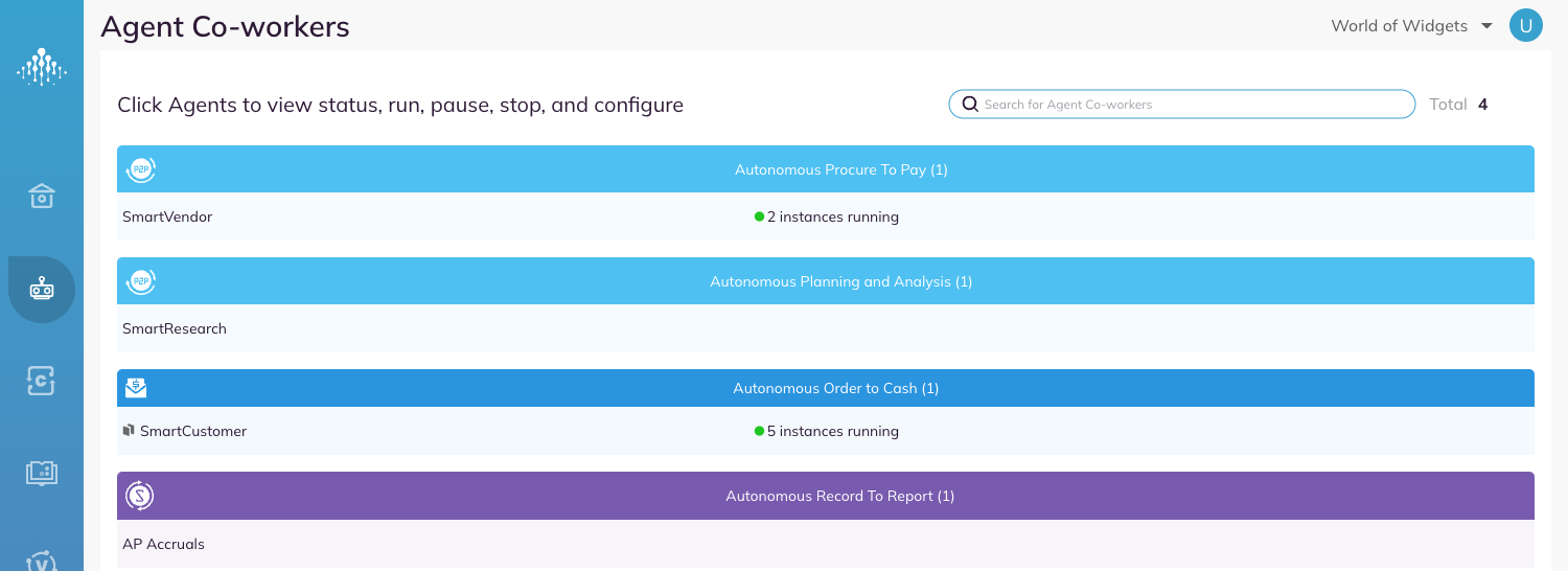 The Agent Co-workers page listing four autonomous process groups, each holding one agent, with a search field and total count.