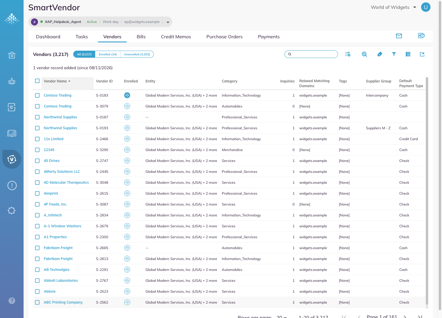 The Vendors tab, showing the enrollment scopes above the grid and the toolbar on the right.