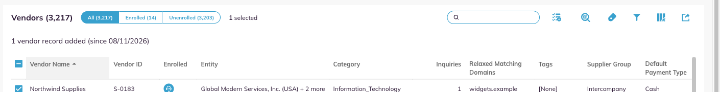 The Vendors toolbar with one row selected and the bulk controls available.