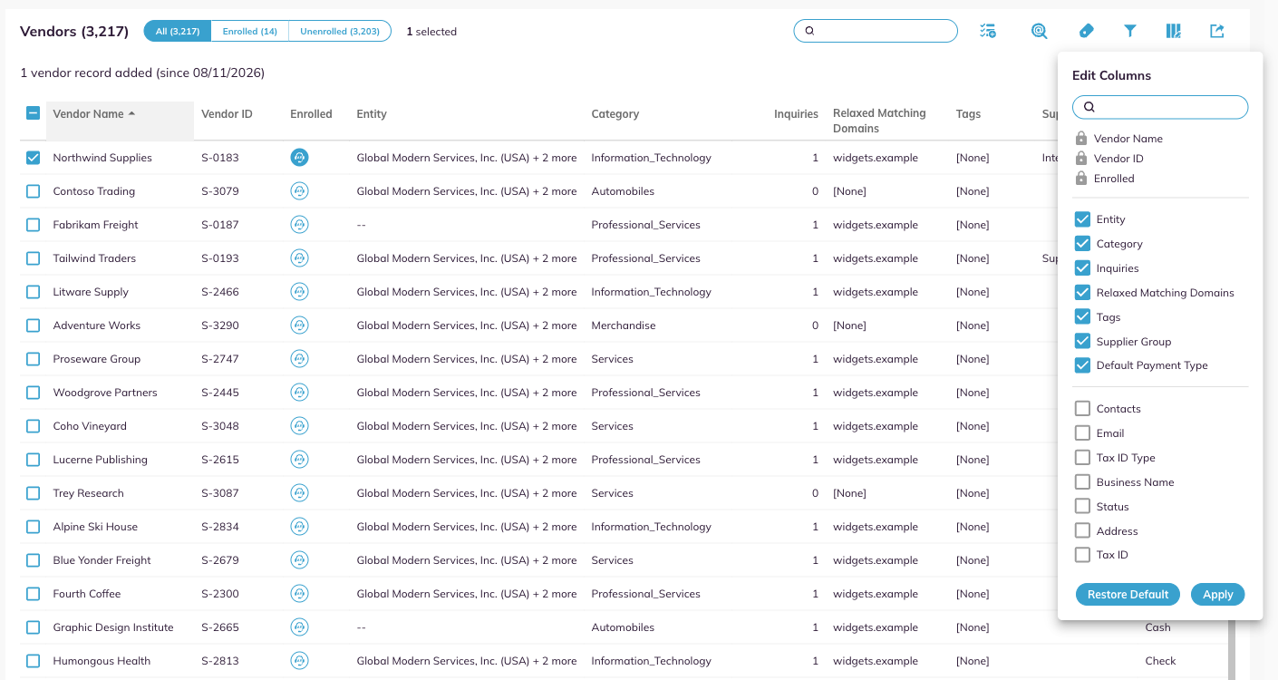 The Edit Columns chooser for the vendor list, with the locked columns marked.