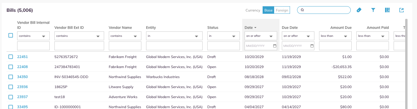 The Bills filter row open, showing an operator dropdown under each column header.