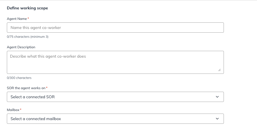 Step 1 Define working scope, showing the Agent Name and Agent Description fields above the system of record and mailbox pickers.