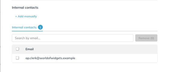 The Internal contacts list in the Manage Internal Contacts drawer.