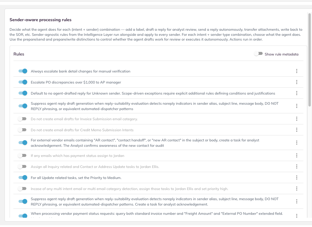 The Processing Rules group, showing the rule list and ADD RULE