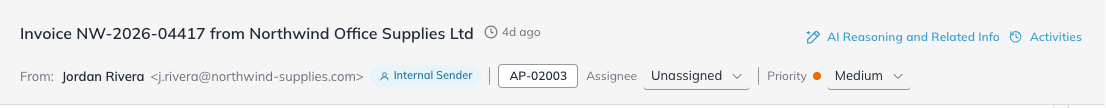 The task detail pane header, showing the AI Reasoning and Activities links, the sender and sender-type chip, the task reference, Assignee and Priority.