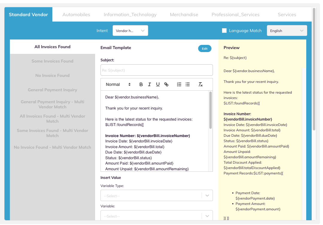 The Vendor Categories group showing the warning that category changes update reply templates.