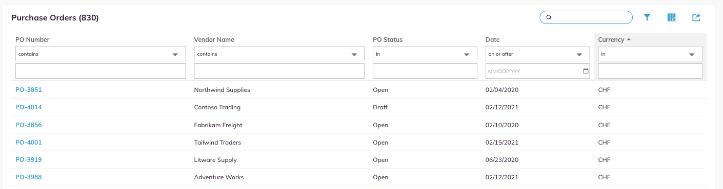 The Purchase Orders filter row open, with an operator dropdown under each column header.