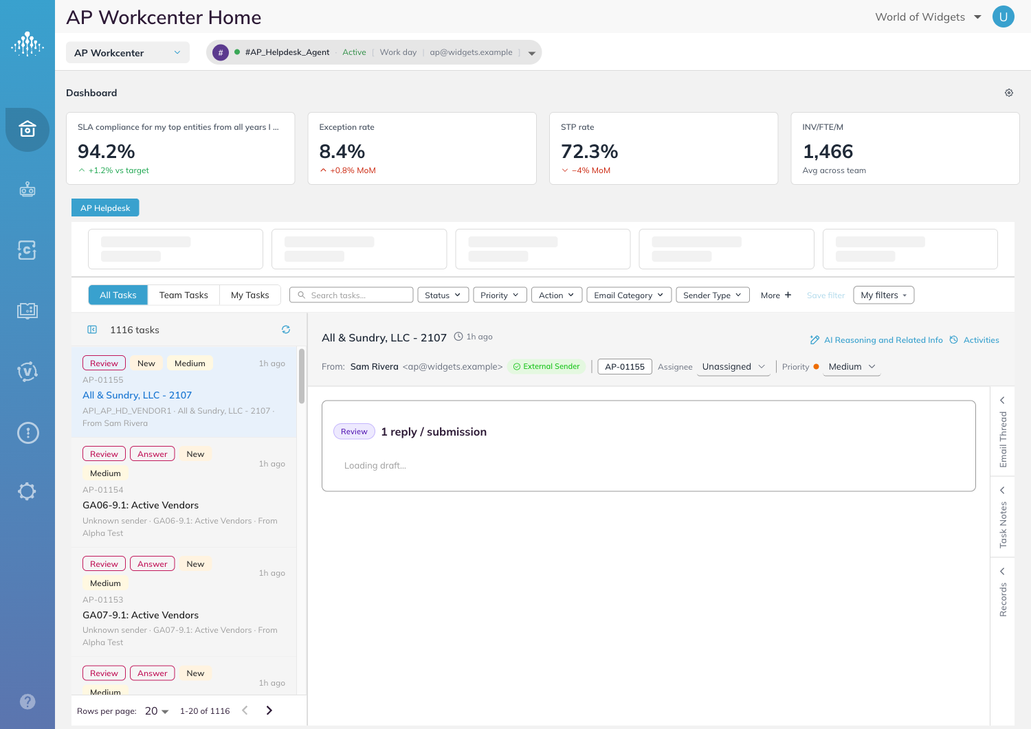 The Tasks tab, showing the scope tabs, the filter row, the task list, and the detail pane.
