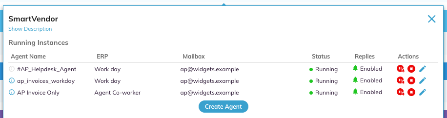 The Running Instances popup for SmartVendor with the Create Agent button