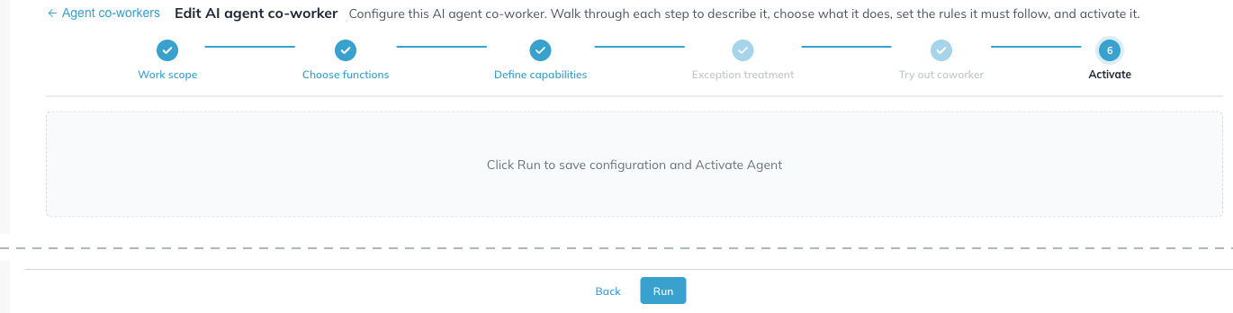 The Activate step with steps 4 and 5 greyed out in the progress bar and the Run button at the foot of the page