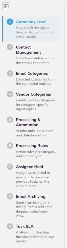 The numbered capability rail on the AP Helpdesk tab, listing all nine sections in work order.