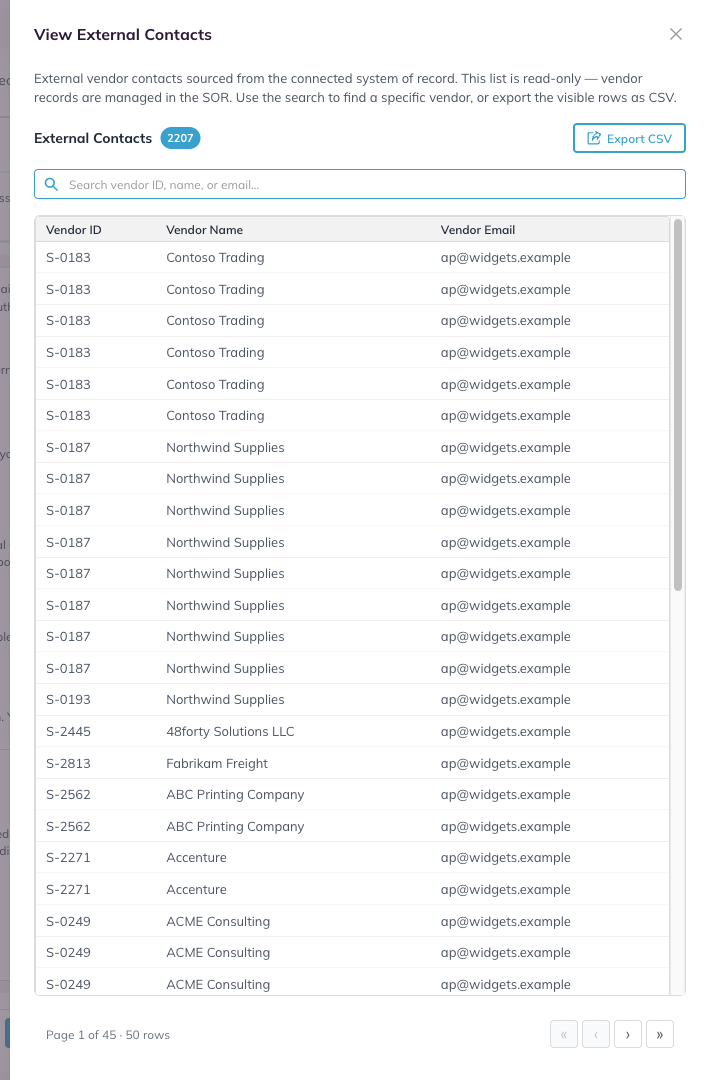 The External Contacts drawer, opened from Contact Management.
