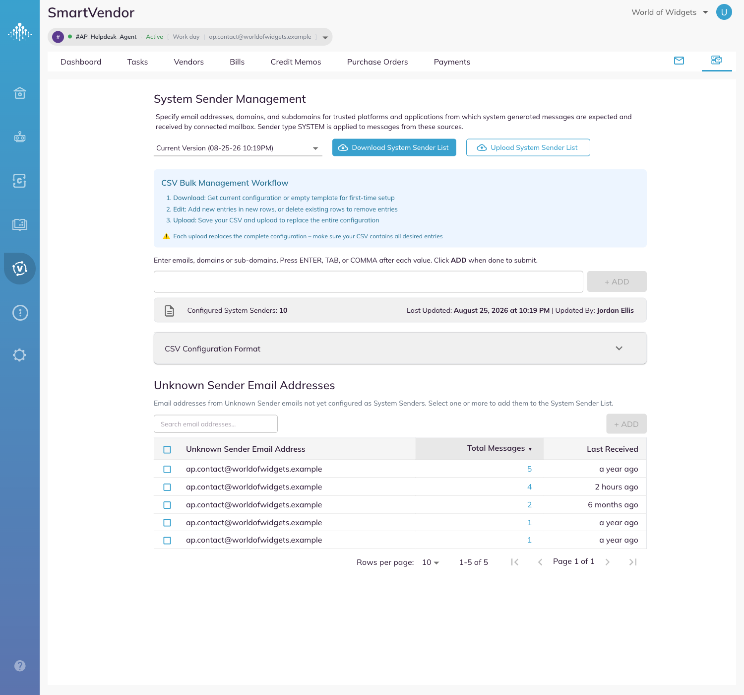 System Sender Management showing the current version and the list download and upload controls