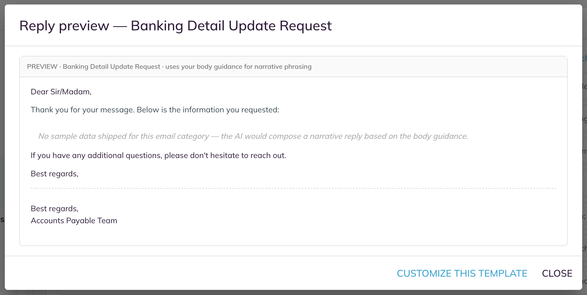 The reply preview with the sample-data note above the Customize this template and Close controls