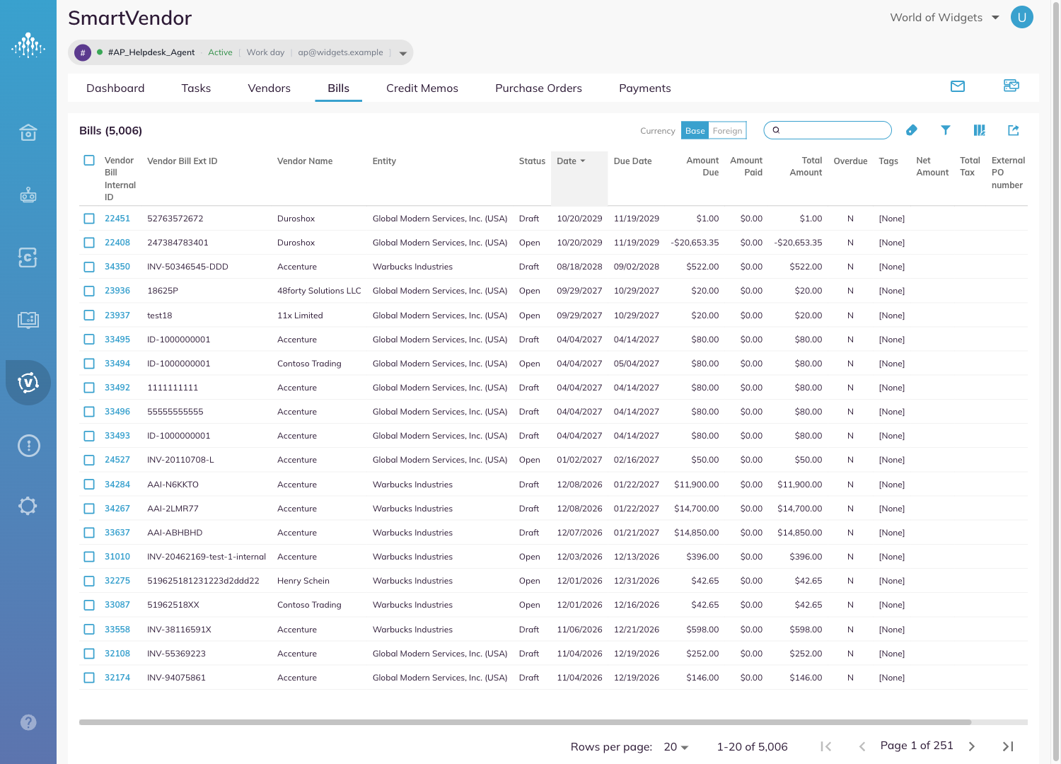 The Bills tab with the Currency switch beside the toolbar.