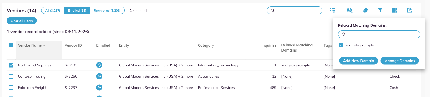 The Relaxed Matching Domains panel listing an accepted domain, with Add New Domain and Manage Domains.