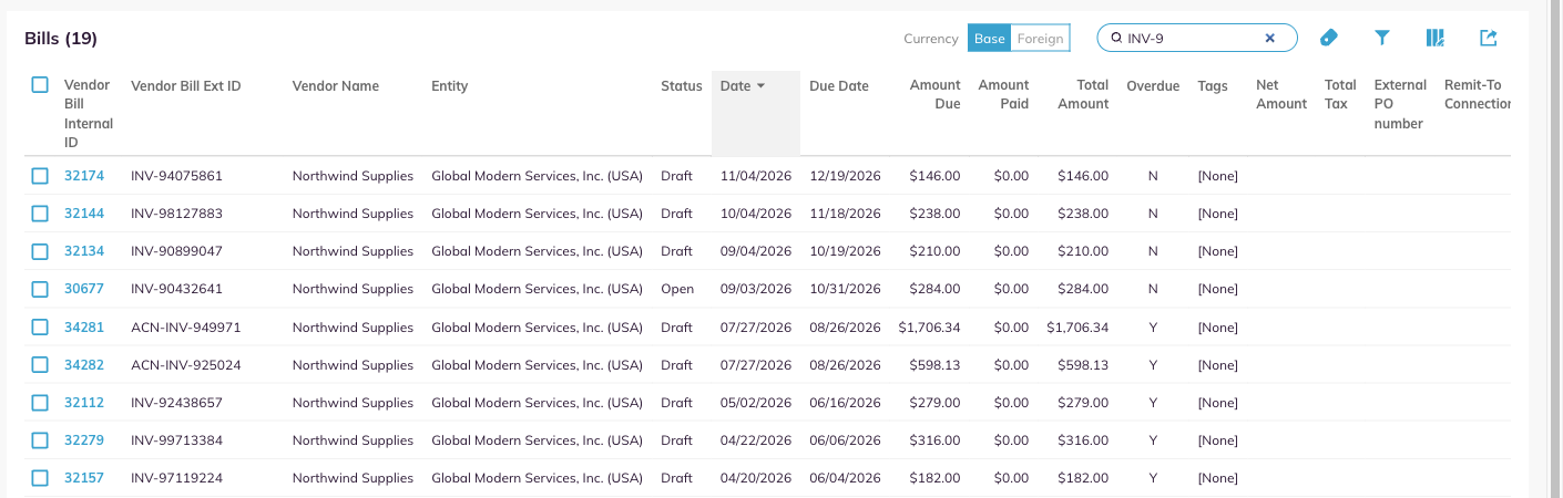 The Bills list narrowed by a partial invoice number typed into the search box.