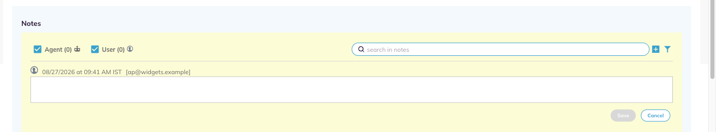 The Notes panel with the author checkboxes, the search box and the note editor open.