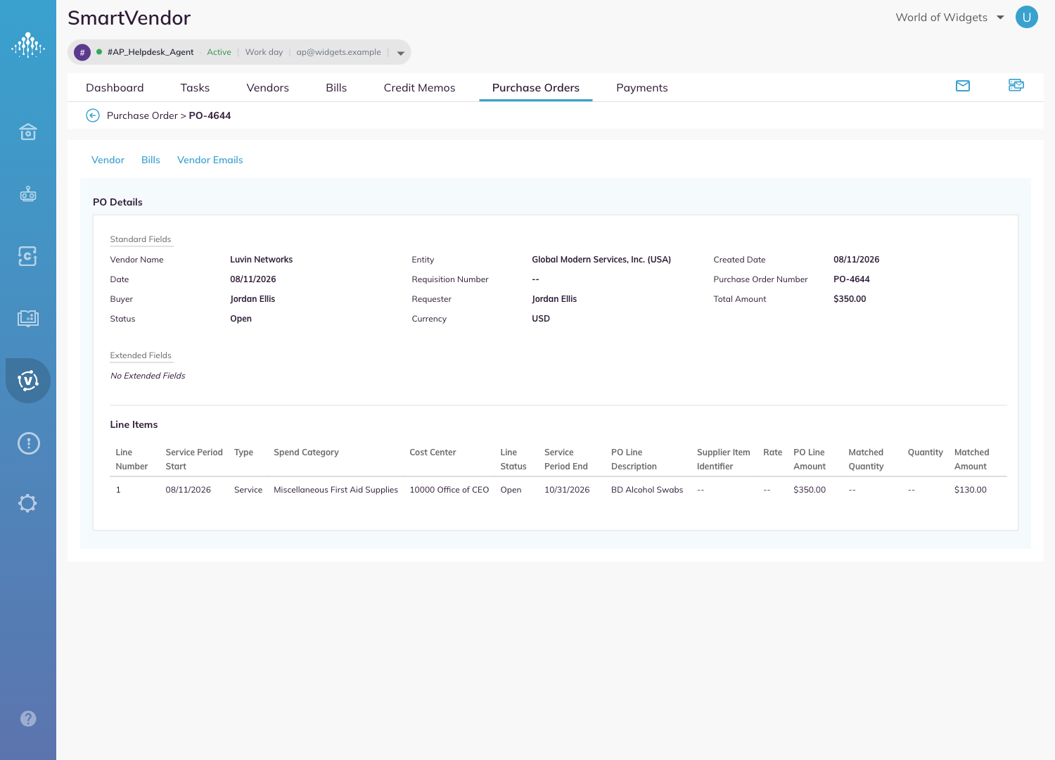A purchase order record showing the header fields and the line items with their match status.
