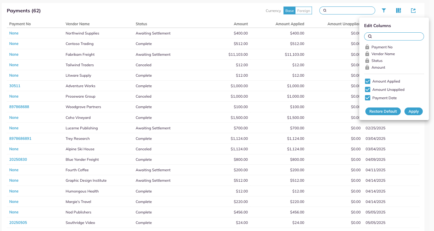 The Payments column chooser, showing four padlocked columns and three with checkboxes.