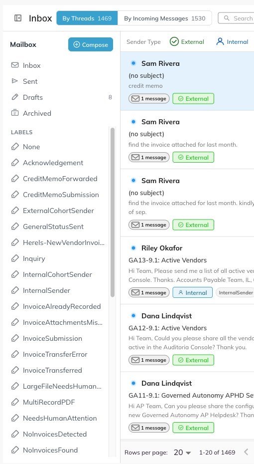 The folder panel showing folders and labels