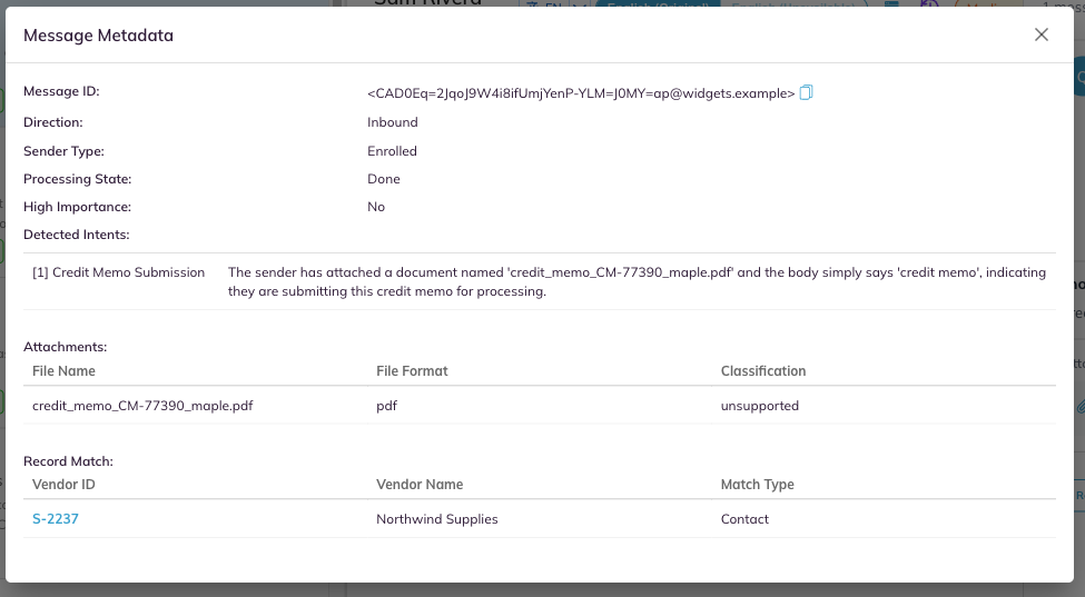 The Message Metadata dialog