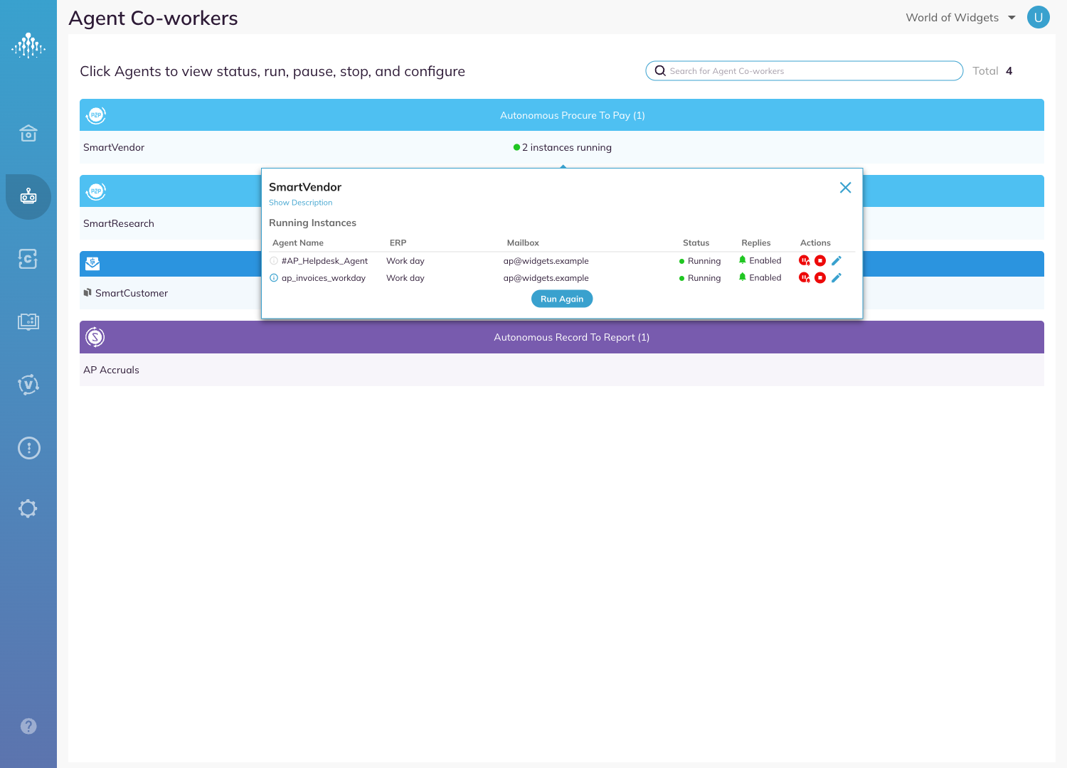 The Agent Co-workers page, with agents grouped by process and the Running Instances popup open.