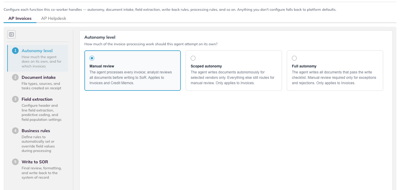 The Define capabilities step showing the function tabs and the section rail