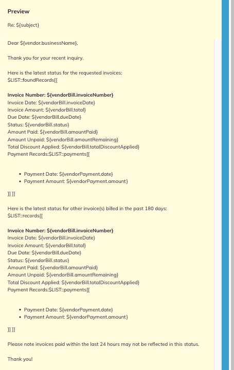 The Reply preview dialog for an email category, showing greeting, body, closing and signature.