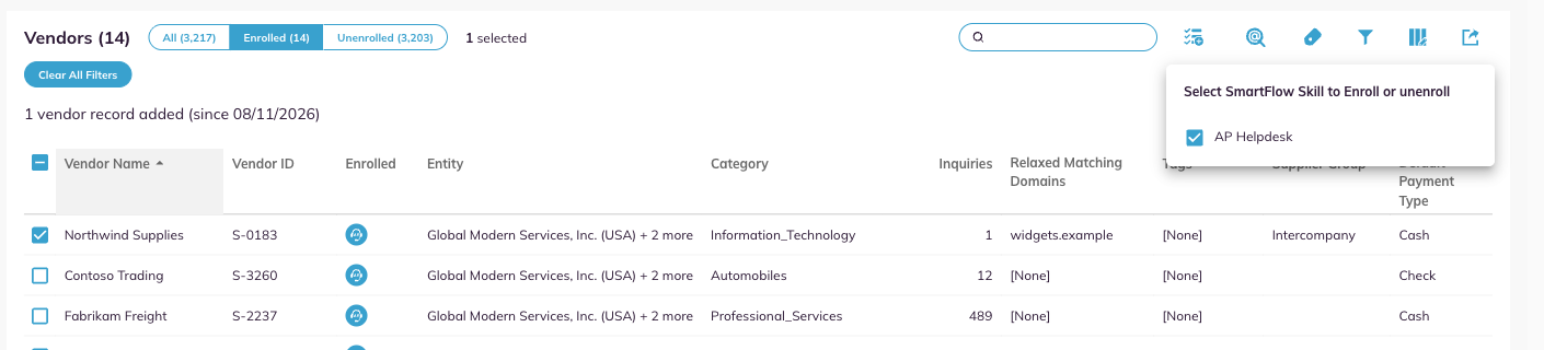 The Select SmartFlow Skill panel open over the vendor list with one vendor selected.