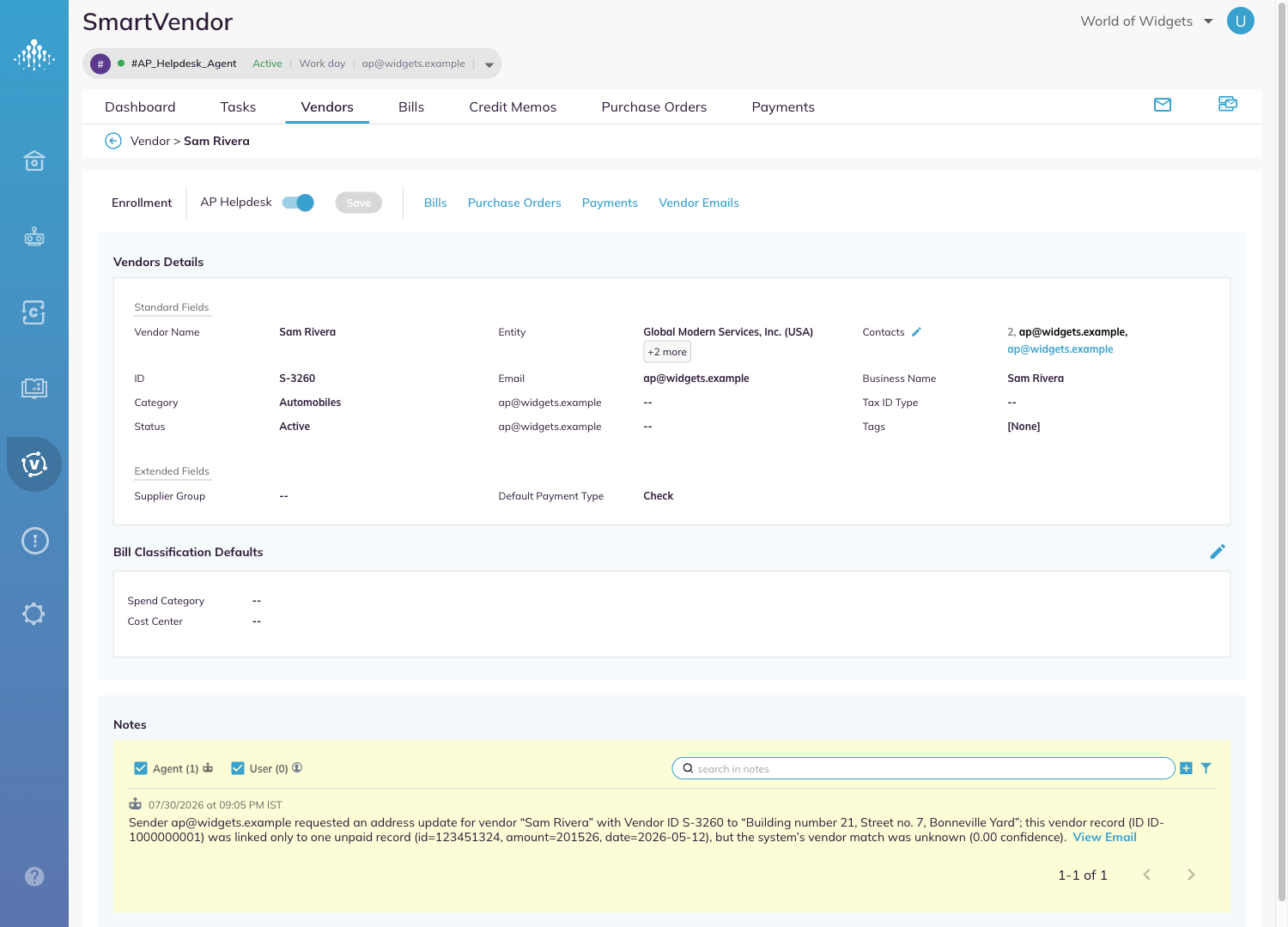 A vendor record showing the enrollment control, the details panels and the notes.